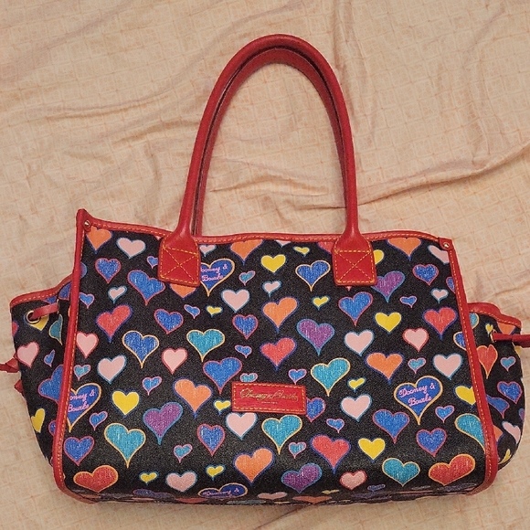 Dooney & Bourke Handbags - Dooney & Bourke Black Tote with Multicolor Heart Print and Red Trim